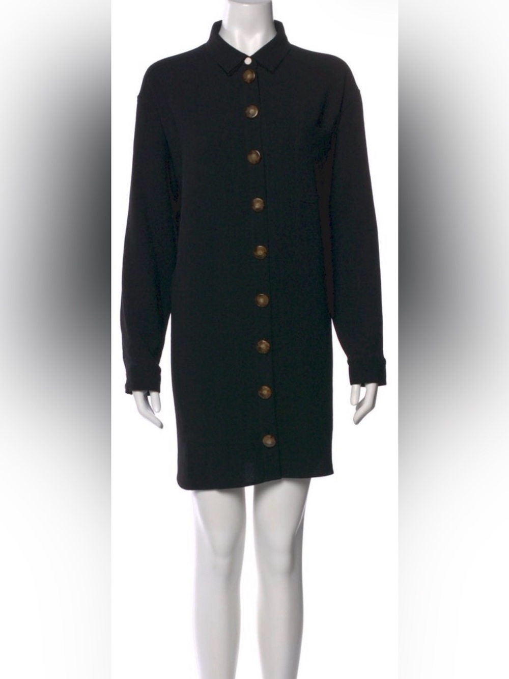 Sezane Black Long-Sleeve Button-Front Shirt Dress with Gold Buttons